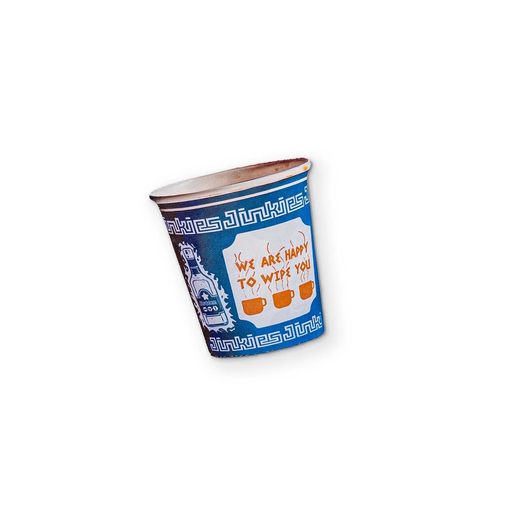 A BLUE BODEGA CUP YOU CAN CLEAN YOUR GLASSES WITH